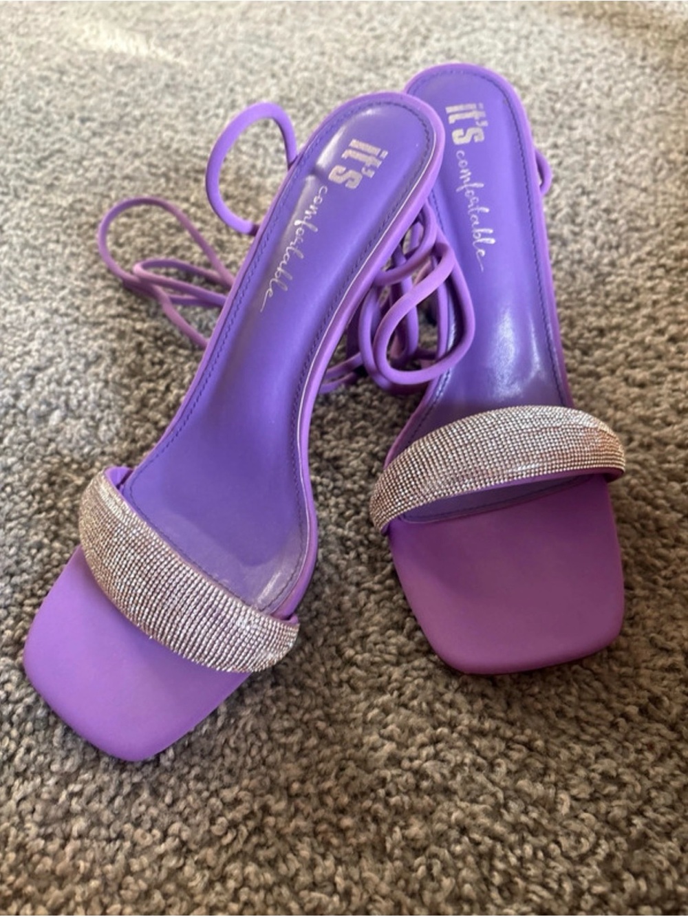 Purple Rhinestone Strap Heeled Sandals